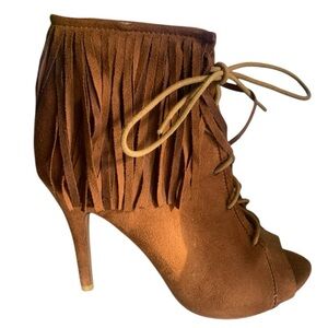 NWT Vintage 2000s Y2K Brown Suede Heels Fringe Boho Hippie Style Size 8
